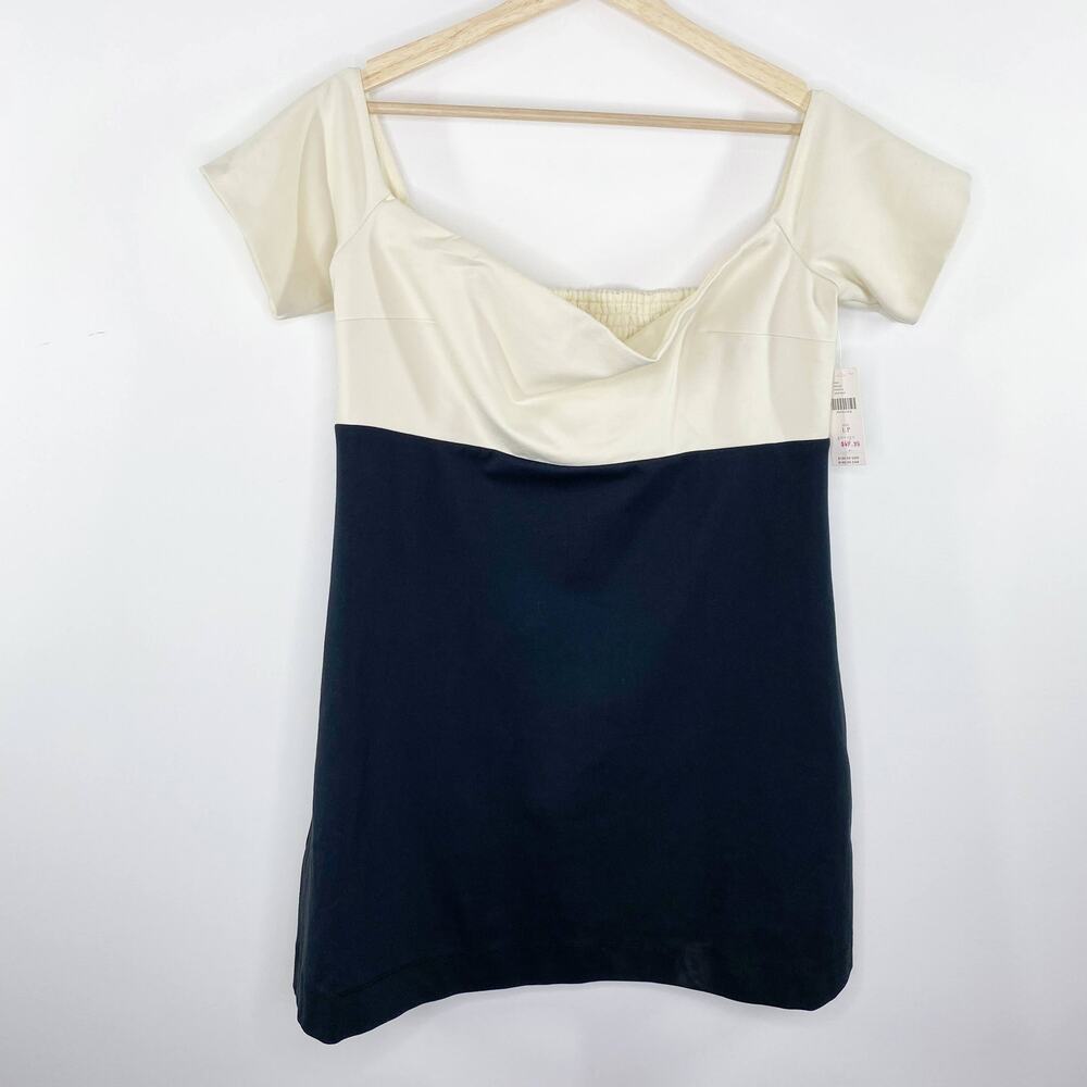Anthropologie Maeve Cream Navy Blue Mini Dress Womens Size LP Large Petite NWT